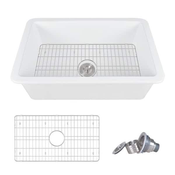 Glen White Rectangular Fireclay 32 in. Single Bowl Drop-In/Undermount Kitchen Sink with Basket Strainer and Sink Grid