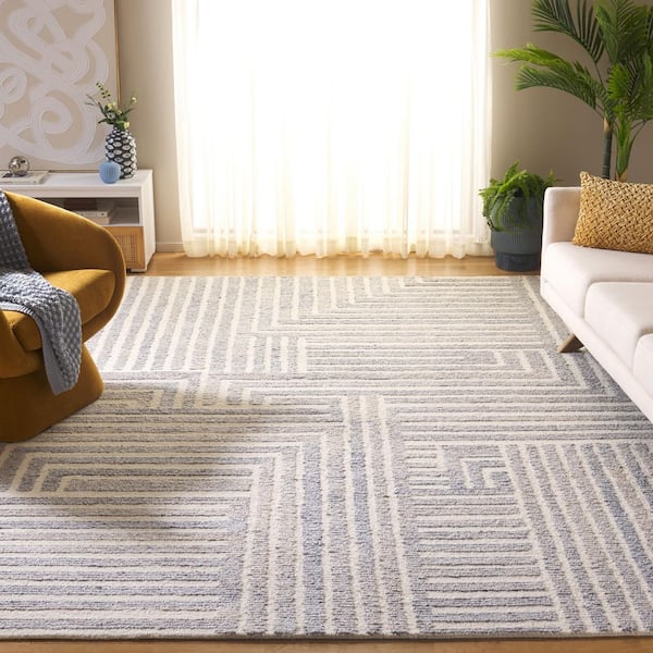 Renewal 8 ft. x 10 ft. Blue/Ivory Geometric Striped Area Rug