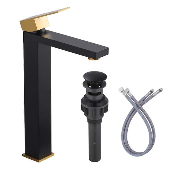 WOWOW Single Handle Single Hole High Arc Bathroom Faucet with Supply Line Included in ‎Black and Gold