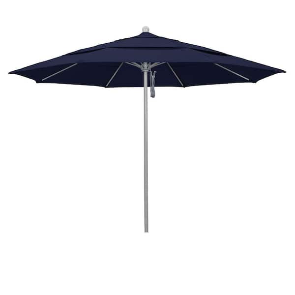 California Umbrella 11 ft. Gray Woodgrain Aluminum Commercial Market Patio Umbrella Fiberglass Ribs and Pulley Lift in Navy Blue Olefin