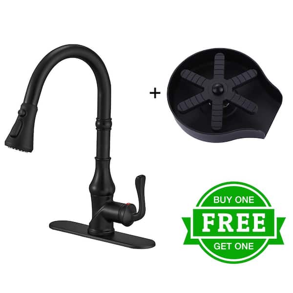 BWE Single Handle Pull-Down Sprayer Kitchen Faucet Bundle Glass Rinser in Matte Black