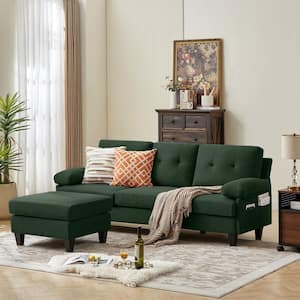86.22 in. Pillow Top Arm Cotton L Shaped Sectional Sofa with Storage Bags Left/Right Handed Chaise in Green