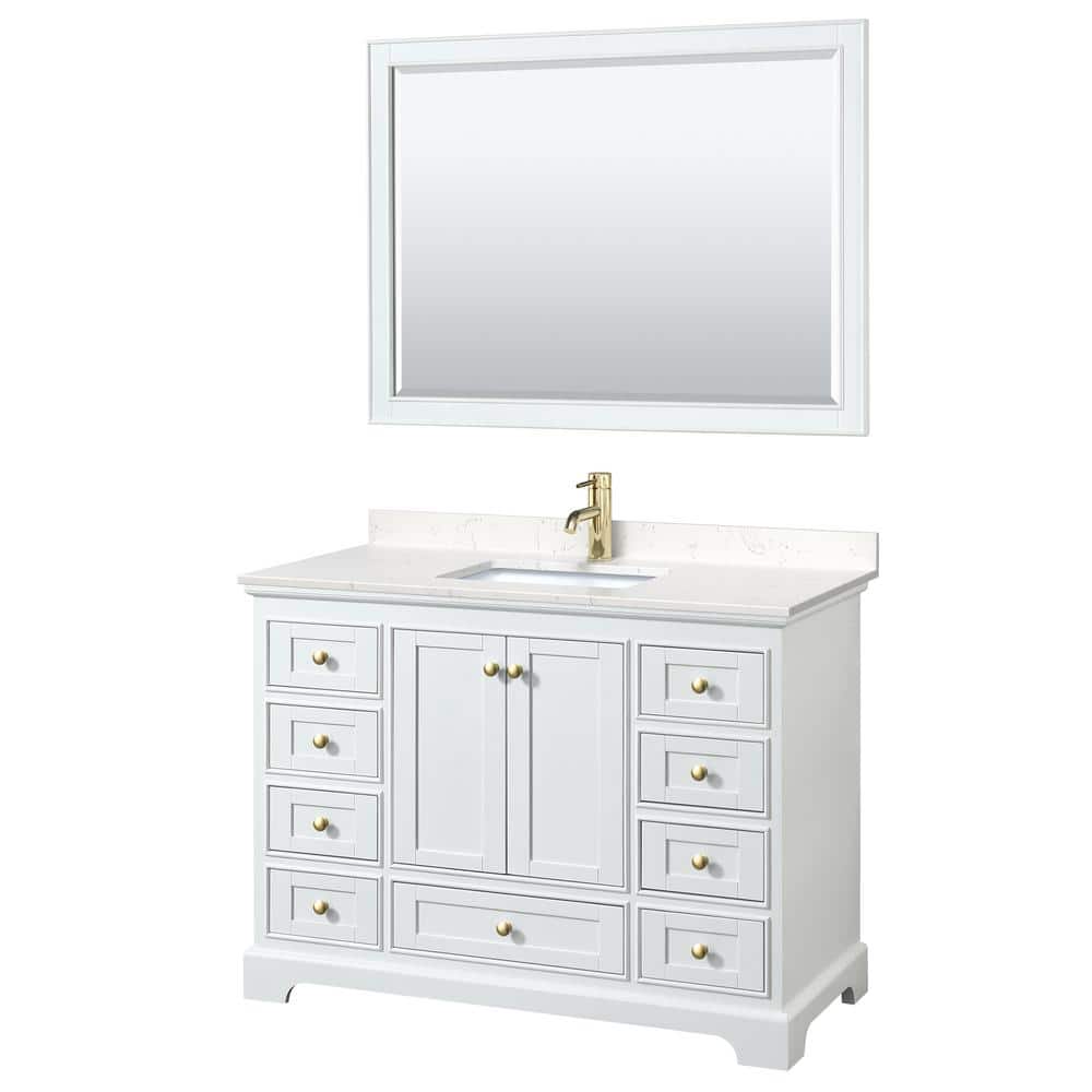 Deborah 48" White Vanity with Carrara Marble Top and Gold Hardware