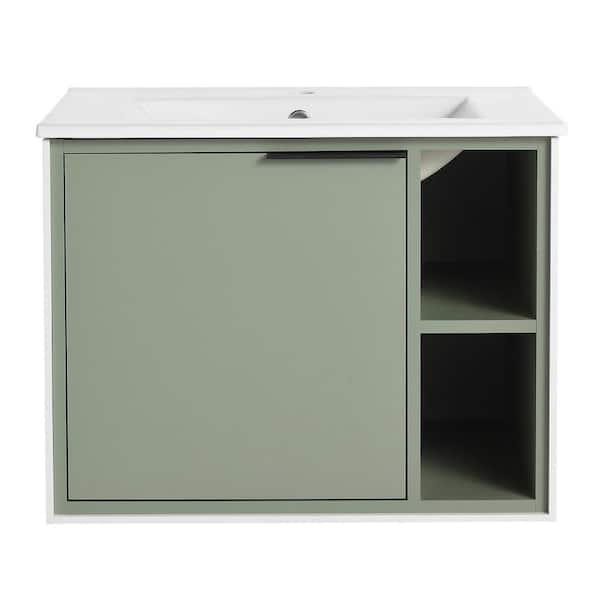 Boosicavelly 24.00 in. W x 18.30 in. D x 18.50 in. H Single Sink Wall Mounted Bath Vanity in Green with White Ceramic Top