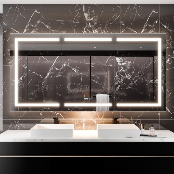 Smart 72 in. W x 36 in. H Rectangular Aluminum Medicine Cabinet w/ Mirror, Front and Back Lighting, Outlet, 5X Magnifier