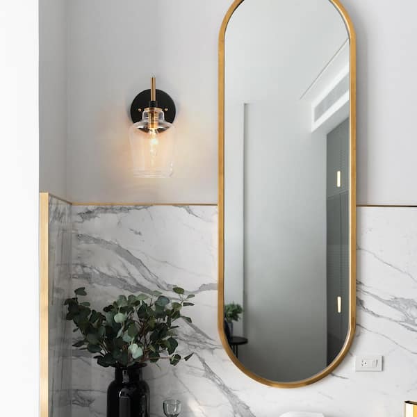 4.5 in. 1-Light Black Bathroom Wall Sconce, Bell Clear Glass Bath Lighting, Modern Farmhouse Brass Gold Vanity Light