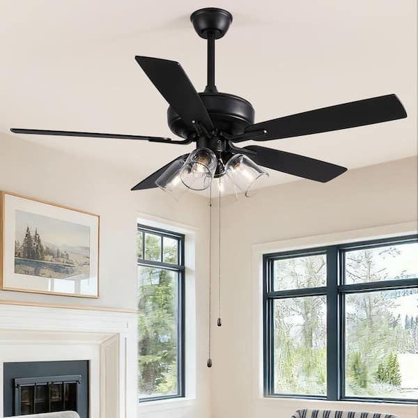 52 in. Indoor Matte Black Downrod Mount Traditional Pull-Chain Standard Ceiling Fan with 3-Light (Bulbs not included)