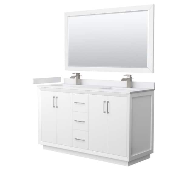 Strada 60 in. W x 22 in. D x 35 in. H Double Bath Vanity in White with White Cultured Marble Top and 58 in. Mirror