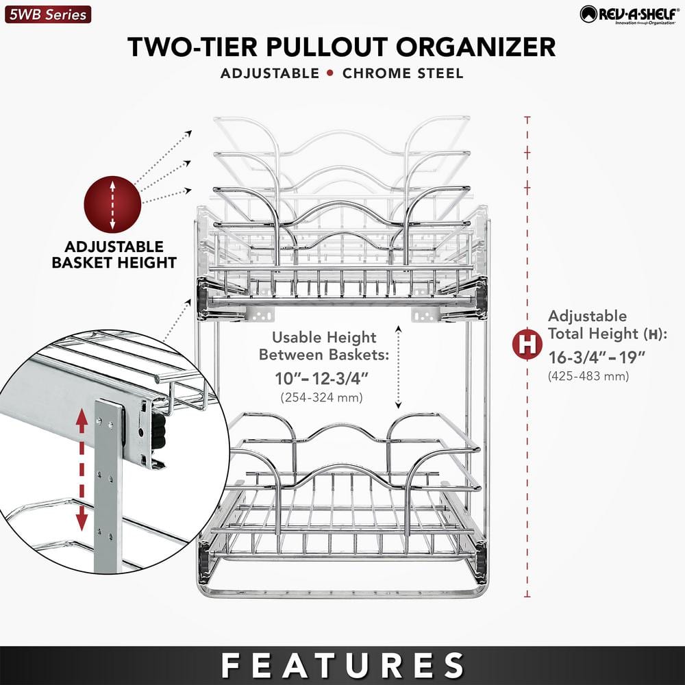 Chrome 2-Tier Wire Basket Pull-Out Shelf Organizer, 12 x 22 Inch