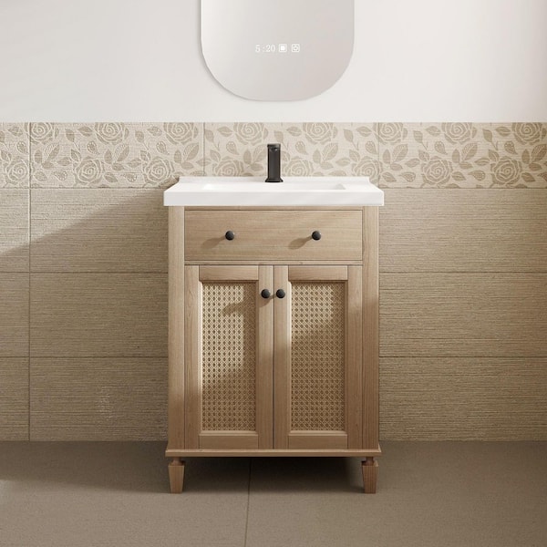 VLeaf 24 in. W x 19 in. D x 34.5 in. H Single Sink Bath Vanity Cabinet in Weather Fir with White Ceramic Top