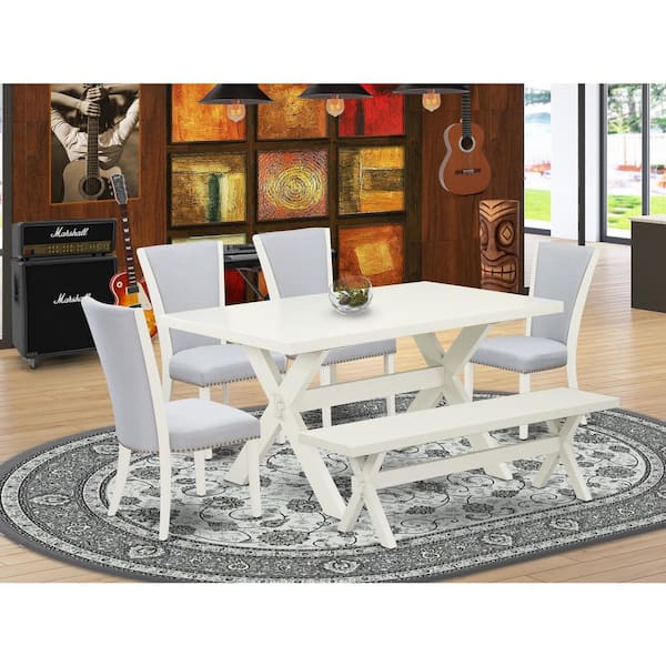 East West Furniture 6-Piece Rectangle Natural Oak Finish Solid Wood Top Dining Table with 1-Bench, 4-Chairs with Lattice Back