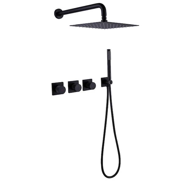 Satico Triple Handle 2-Spray Shower Faucet with 10 in. Rain Shower Head 1.8 GPM with Corrosion Resistant in Matte Black