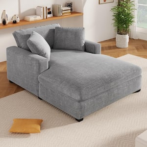 Gray 53.5 in. Polyester Oversized Squre Arm Chaise Lounge with 2 Pillows and Solid Wood Legs