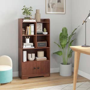 Brown 47.5 in. H 4-Tier 4.3 cu. ft. Bookshelf 2-Door Storage Cabinet with 4-Cubes Display Shelf for Home Office
