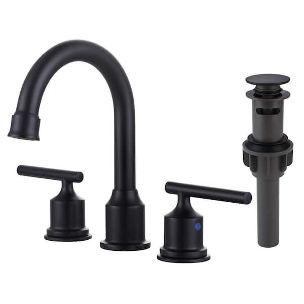 8 in. Widespread Double Handle High Arc Bathroom Faucet with Pop Up Drain and Supply Lines Included in Matte Black