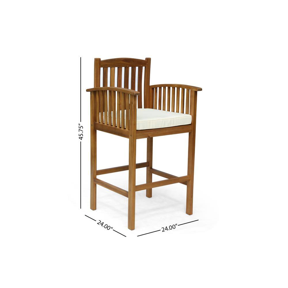 Natural Acacia Wood Outdoor Barstools with Cream Cushions