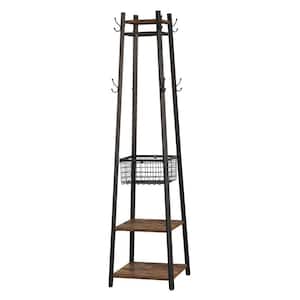 Brown Industrial Coat Rack Freestanding, Clothes Stand with Metal Basket and 2-Shelves, Purse Hanger with 8-Dual Hooks