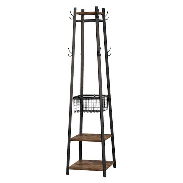 VECELO Brown Industrial Coat Rack Freestanding, Clothes Stand with Metal Basket and 2-Shelves, Purse Hanger with 8-Dual Hooks