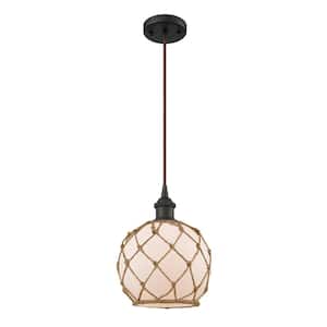 Farmhouse Rope 1-Light Oil Rubbed Bronze Globe Pendant Light with White Glass with Brown Rope Glass and Rope Shade