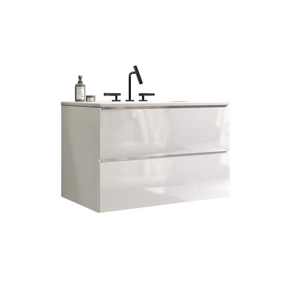 30 in. W Single Sink Floating Glossy White Bath Vanity with White Ceramic Top