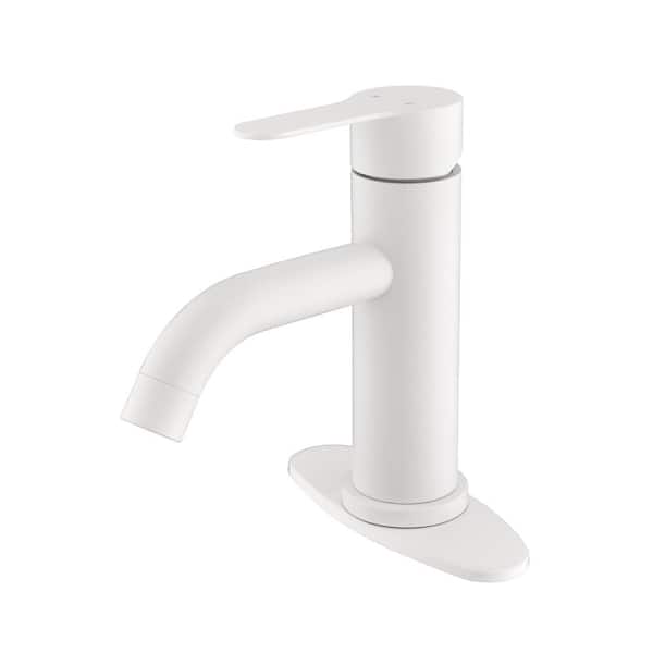 FLG Single Handle Single Hole Bathroom Faucet with Deckplate Included Stainless Steel Sink Basin Faucets in White