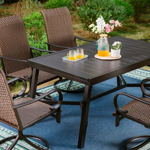 PHI VILLA 7-Piece Metal Outdoor Dining Set with Extensible Rectangular Slat  Table and Brown Rattan Swivel Chairs THD7-450351 - The Home Depot