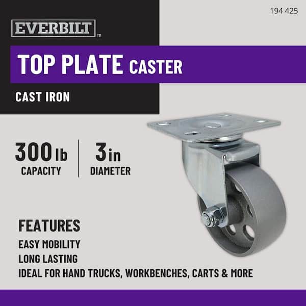 3 in. Gray Cast Iron Swivel Plate Caster with 300 lbs. Load Rating