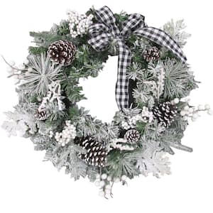 24 in. Artificial Christmas Wreath with Pinecones and Black and White Buffalo Check Bow