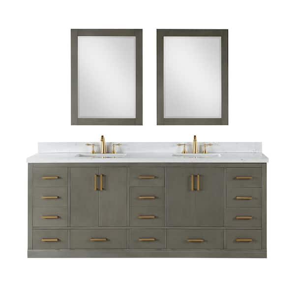 Altair Monna 84 in. W x 22 in. D x 34 in. H Double Sink Bath Vanity in Gray Pine with White Composite Stone Top and Mirror