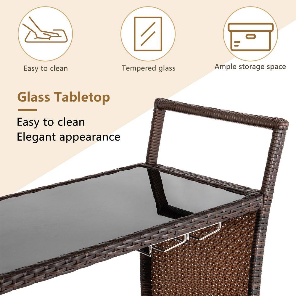 Close-up of the tempered glass tabletop and woven handle of the bar cart.