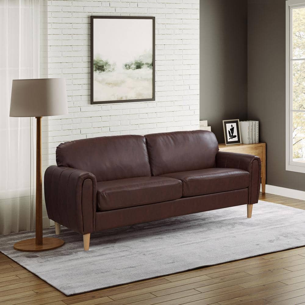 Brown Faux Leather Tufted Sofa with Removable Cushions