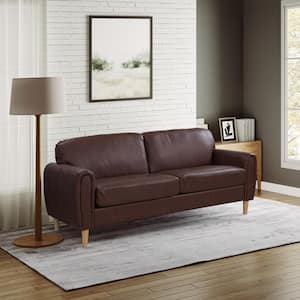 Damascus 78.3 in. Rolled Arm Faux Leather Rectangle Sofa in. Brown