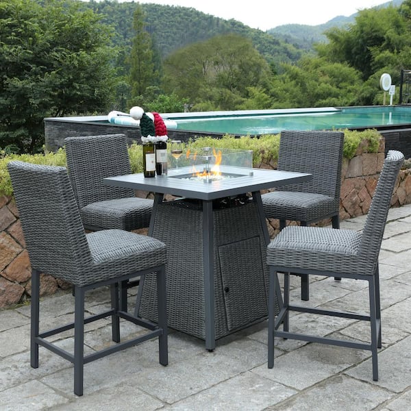 Unbranded 5-Piece Wicker and Aluminum Patio Conversation Set with Fire Pit Table and 4 Chairs W/Glass Cover and Glass Beads