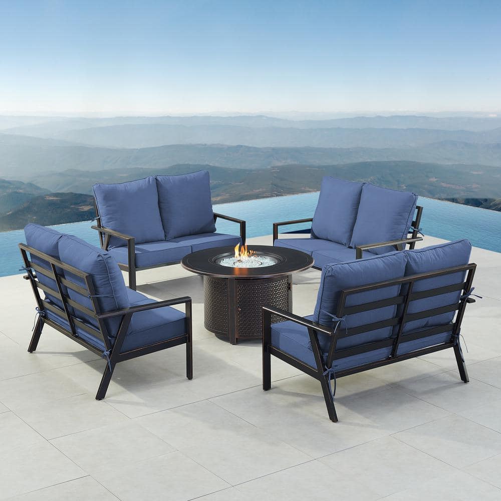 Black 7-Piece Aluminum Patio Fire Pit with 4-Deep Seating Loveseat Blue Cushions price history on PriceWatchPro