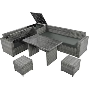 6-Piece Wicker Patio Conversation Set with Storage Box, Tempered Glass Top Table and Gray Cushions