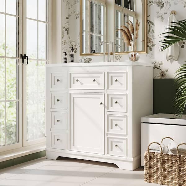 FAMYYT 36 in. W x 18 in. D x 34.5 in. H Single Sink Freestanding Bath Vanity in White with White Ceramic Top and Basin