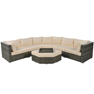 Outdoor 6-Piece Wicker Patio Conversation Set with Beige Cushions,Patio Furniture Set, All Weather Wicker Sectional Sofa