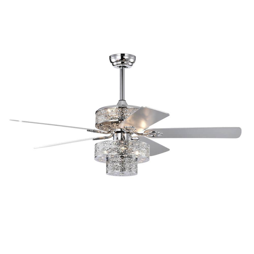 52 in. 3 Speeds Plywood Blades Smart Indoor Chrome Crystal Ceiling Fan with