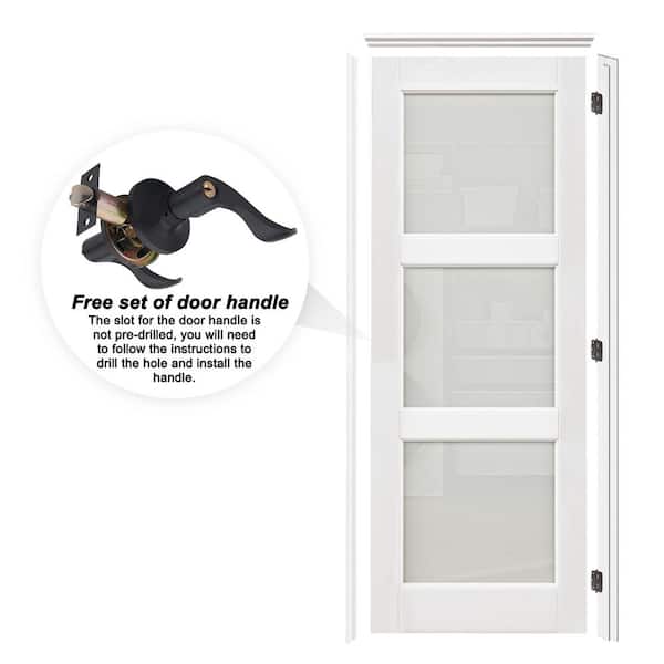 ARK DESIGN 28 in. x 80 in. 3-Lite Frosted Glass Right White Solid Core Wood Single Interior Door with Quick Assemble Jamb