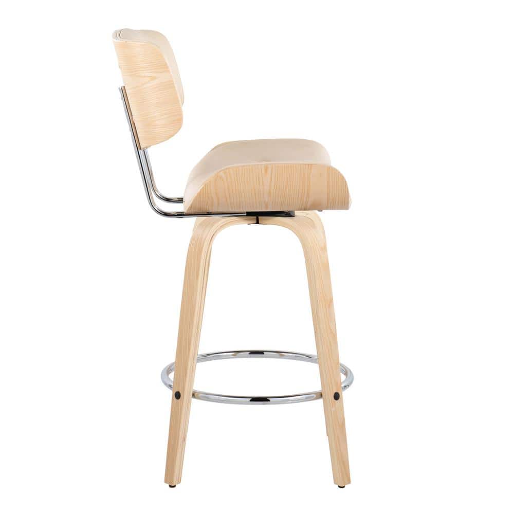 Lombardi 26" Beige Faux Leather and Walnut Wood Swivel Counter Stools - Set of 2
