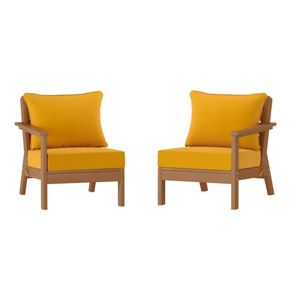 WESTIN OUTDOOR Birchwood Teak Arrangeable Outdoor Patio 2-Piece Deep Seating HDPE Loveseat Arm Chair Set with Yellow Cushions