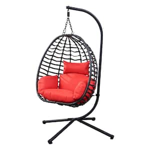 Indoor Outdoor Lounge Egg Chair Hammock PE Wicker Outdoor Hanging Chair Patio Swing Chair with Stand, Red Cushion