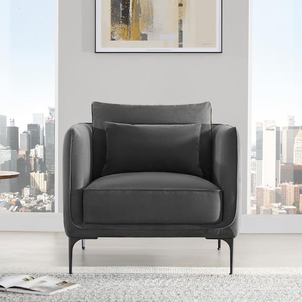 Spruce & Spring Petra Mid Century Dark Gray Velvet Accent Chair with Matte Legs Arm Chair for Living Room Bedroom