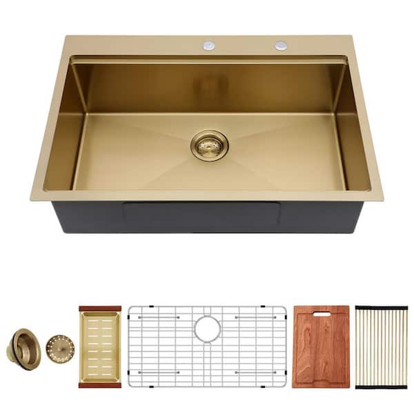 33 in. x 22 in. Drop in Single Bowl 16 Gauge Stainless Steel Gold Workstation Kitchen Sink with Bottom Grid
