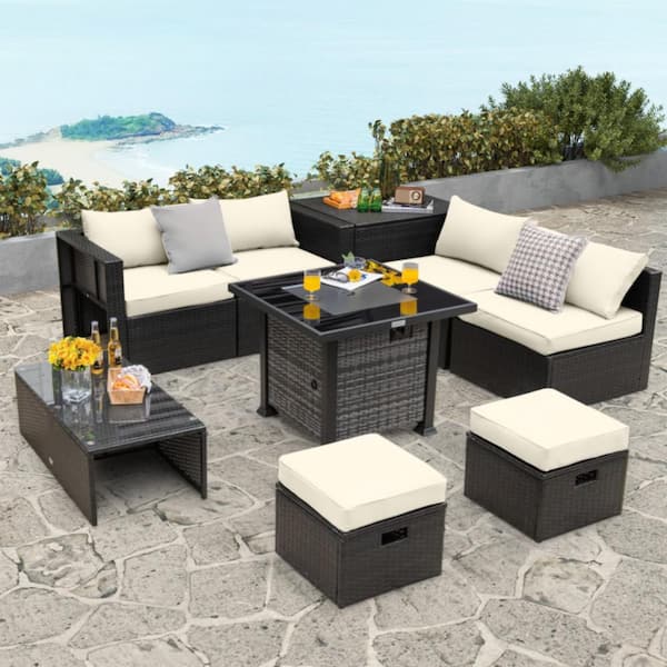 Brown 9-Piece Wicker Patio Conversation Set with Off White Cushions