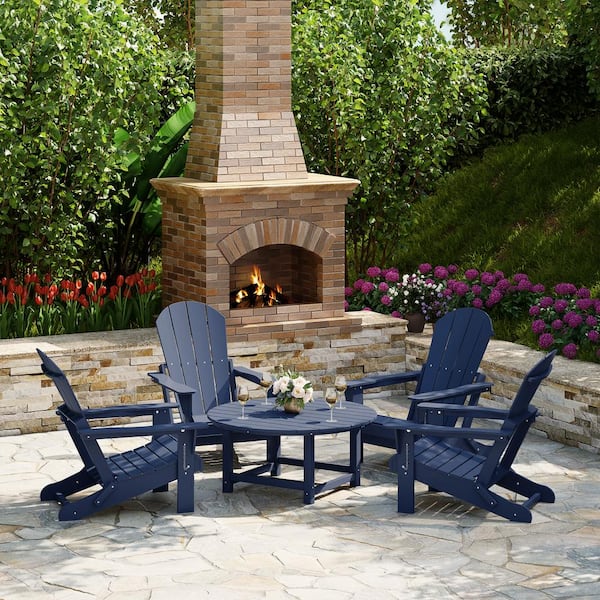 Laguna Navy Blue Fade Resistant 5-Piece Plastic Adirondack Chair Outdoor Patio Conversation Set With Round Coffee Table