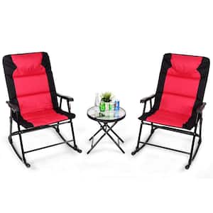 3-Pieces Outdoor Folding Rocking Conversation Set with Cushion in Black and Red