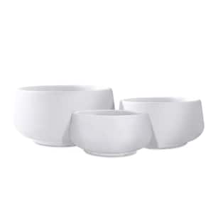 21.6", 16.9" and 12.5"W Round Pure White Finish Concrete Elegant Planters, Set of 3 Outdoor Indoor w/ Drainage Hole