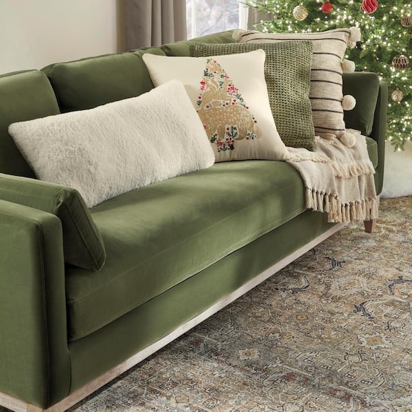 Olive Green Velvet Lumbar Pillows on White Sofa - Transitional