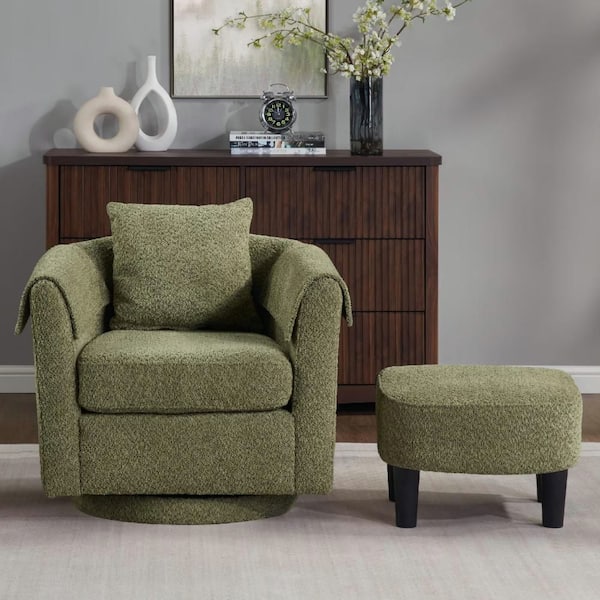 Green Modern Chenille Swivel Accent Chair with Ottoman Set 360° Rotation, Removable Back Pillow and Armrest Covers